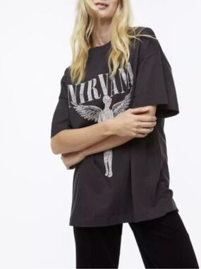H&M Oversized motif-detail T-shirt Grey Nirvana and Logo Graphic Band Tee